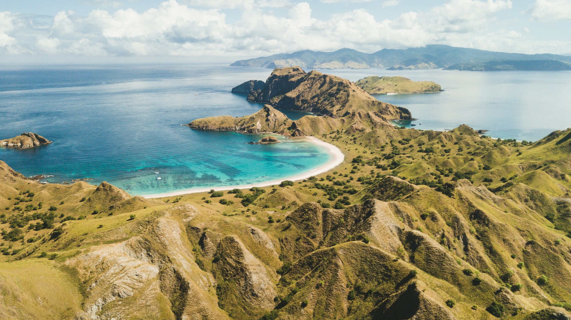 Aerial panoramic view of Padar island in Komodo National Park, Indonesia. Drone shot, top view